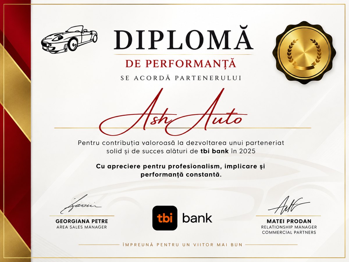 Diplomă de performanță acordată de tbi bank partenerului Ash Auto pentru anul 2025